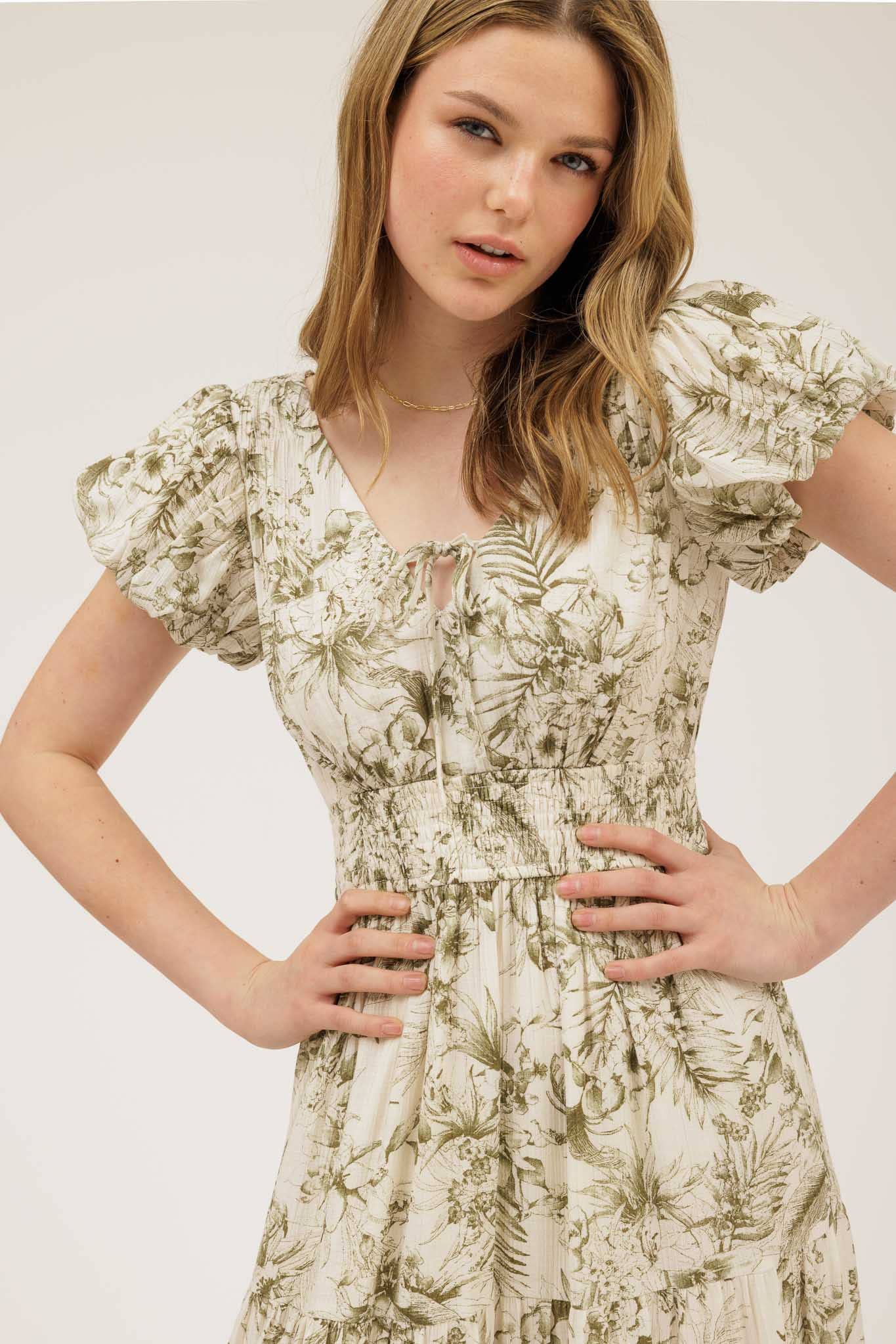 FLORAL PRINT FRONT TIE V NECK MIDI DRESS