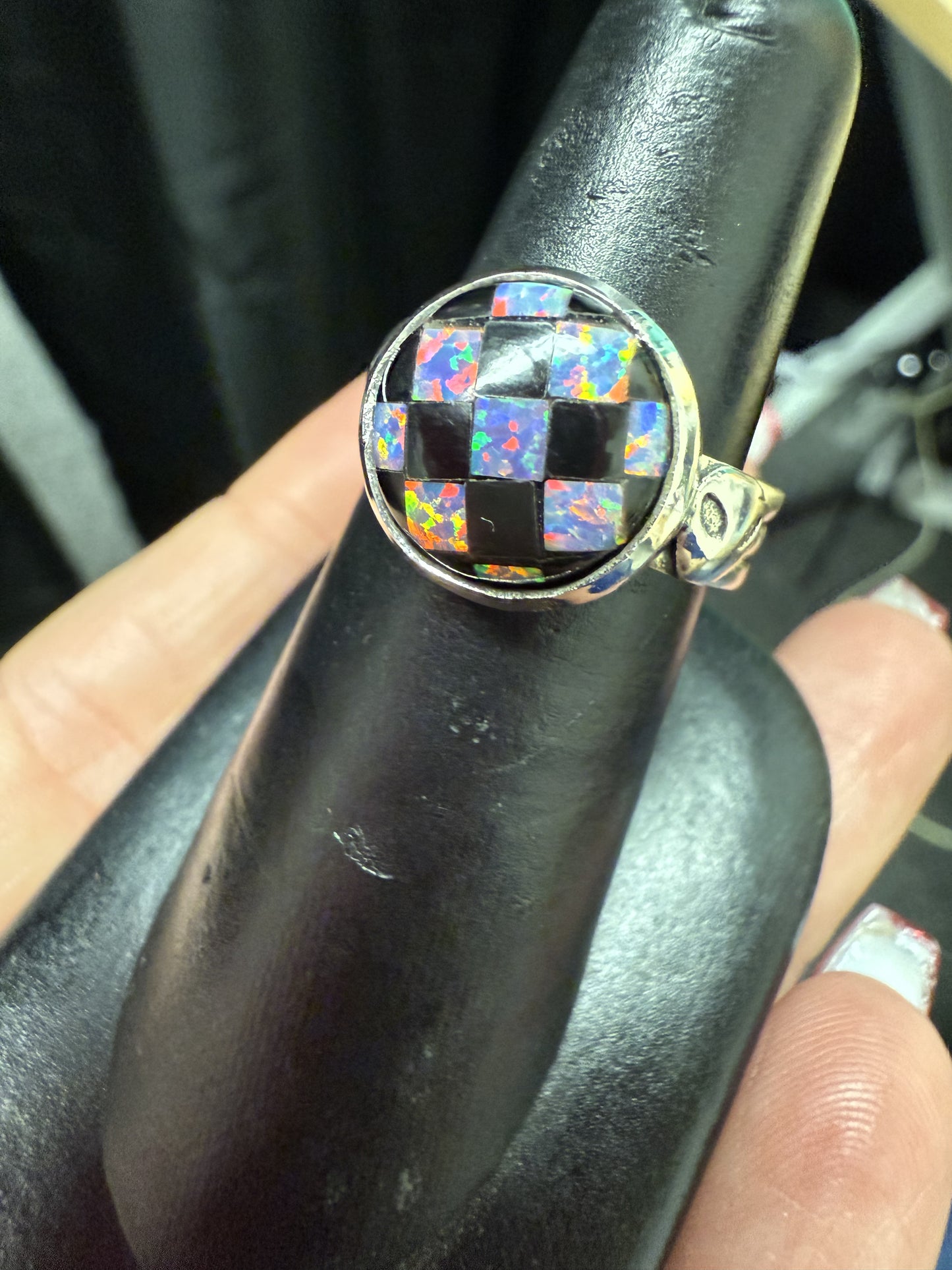 Opal Checkered Round Ring