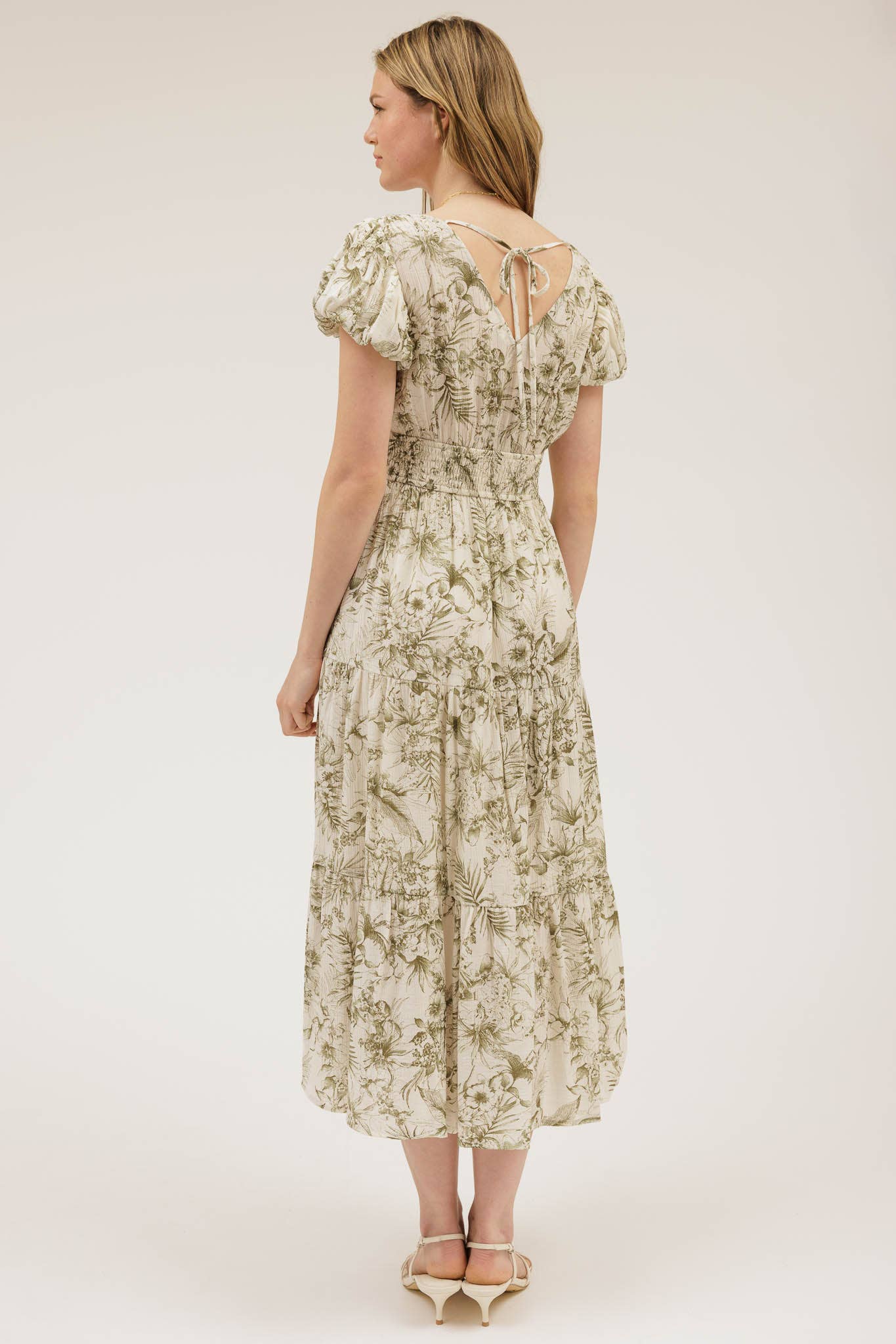FLORAL PRINT FRONT TIE V NECK MIDI DRESS