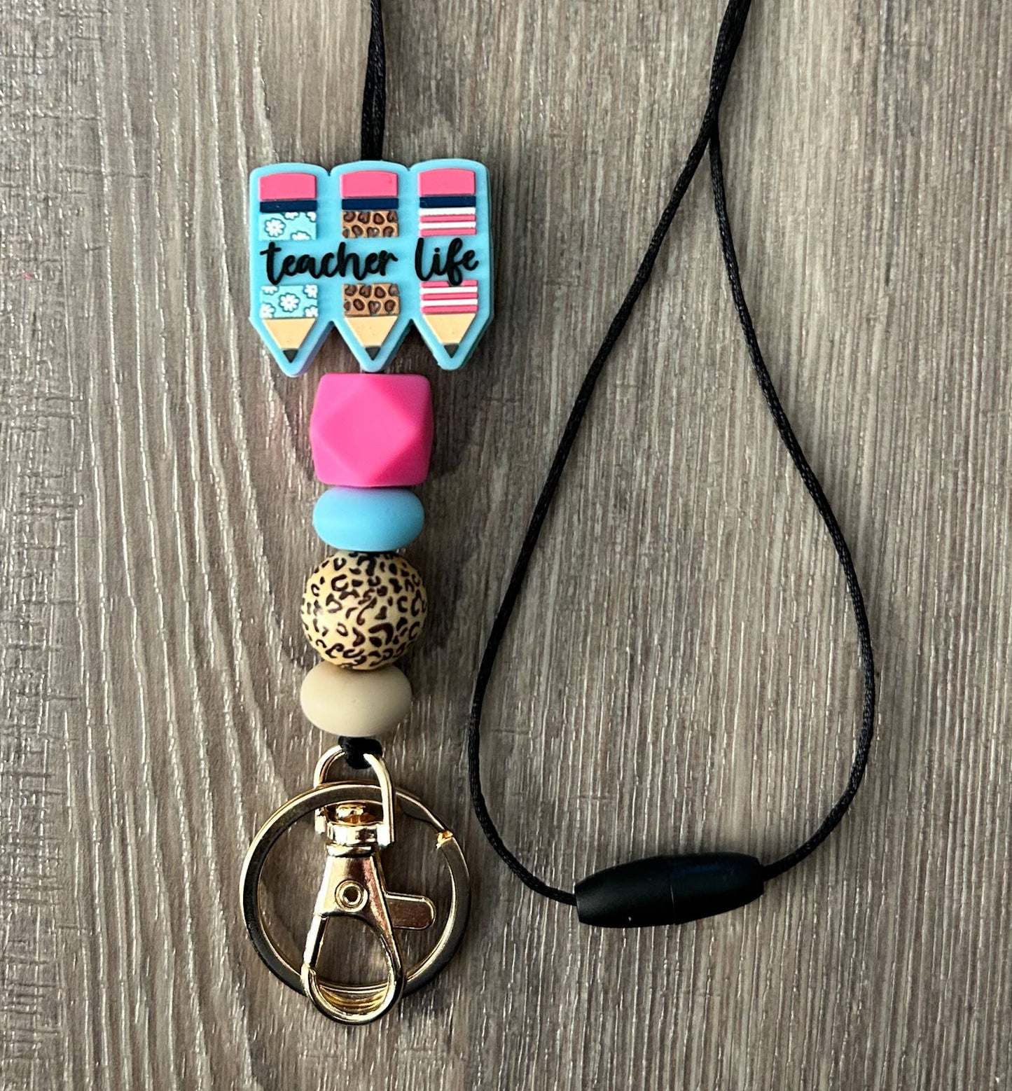 Teacher Life Pink Leopard Pencil Silicone Lanyard