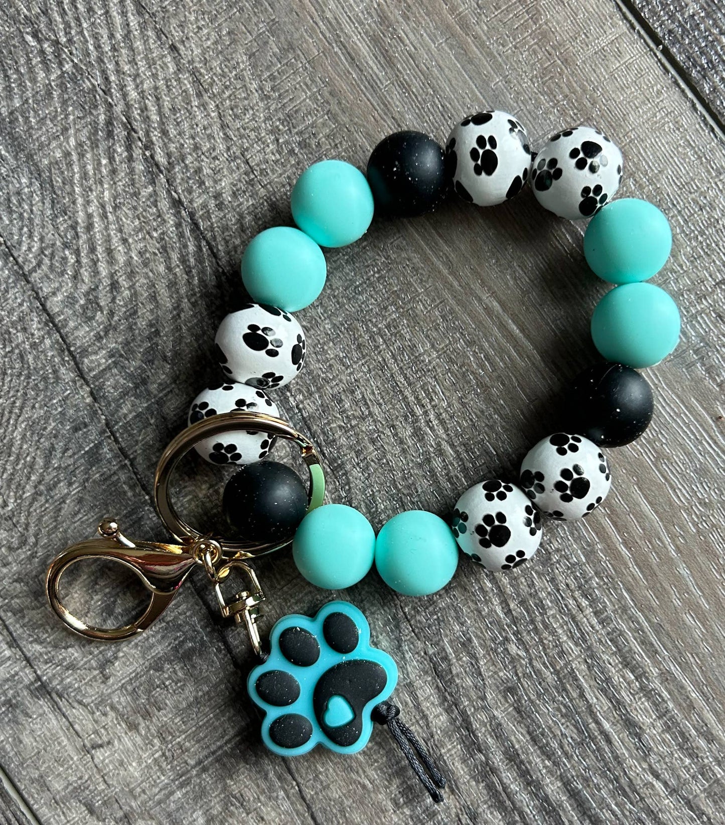 Paw Print Silicone and Wooden Bead Wristlet Keychain