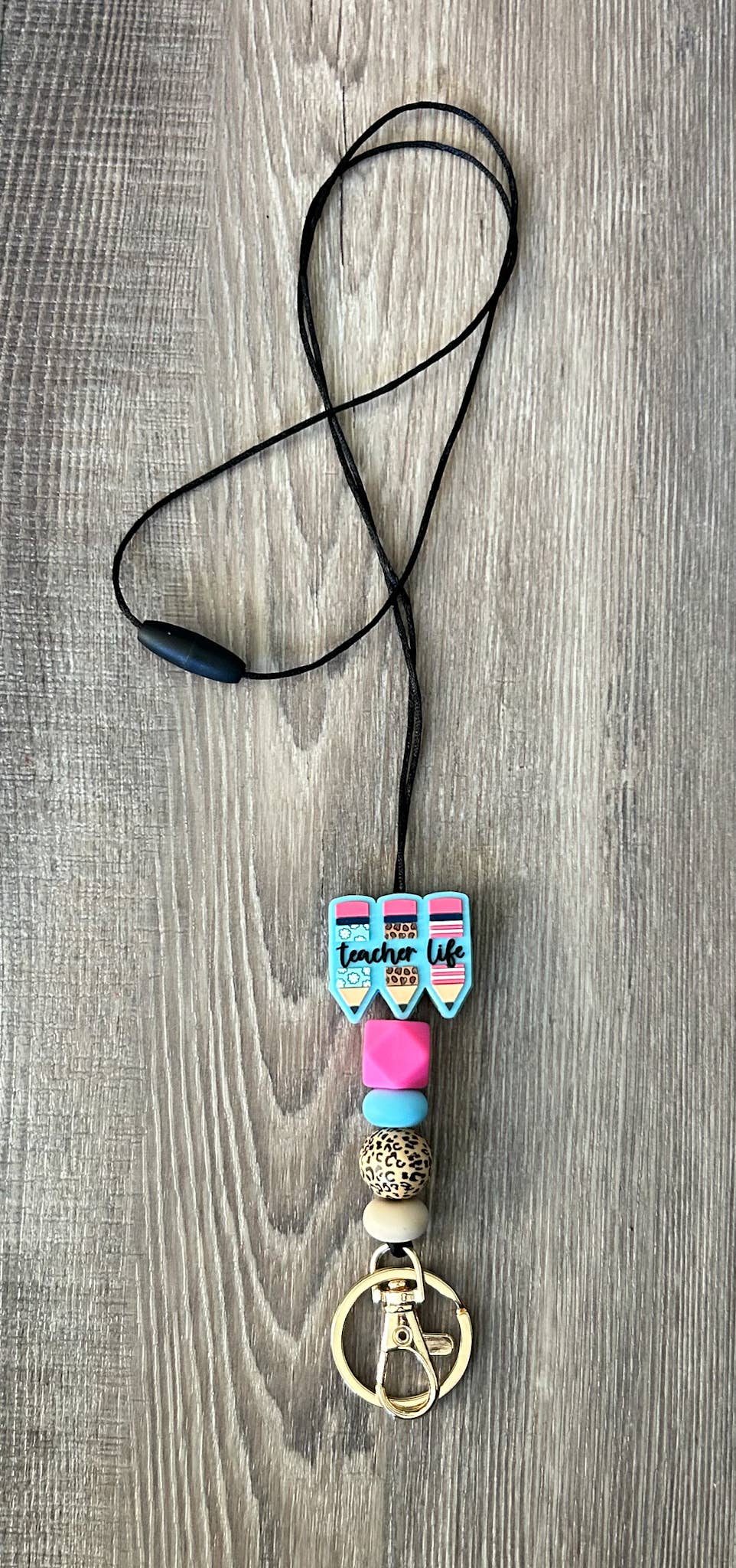 Teacher Life Pink Leopard Pencil Silicone Lanyard