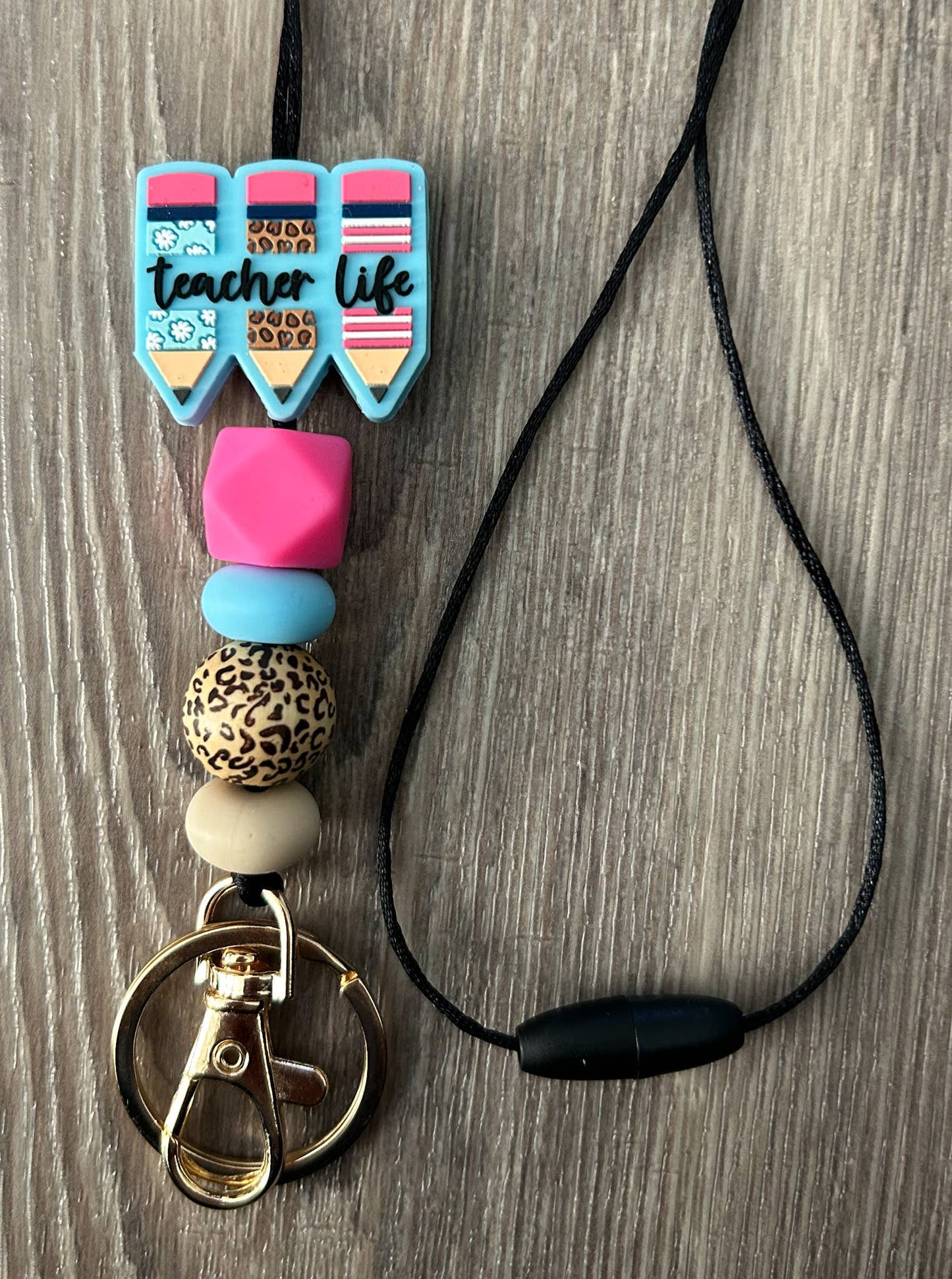 Teacher Life Pink Leopard Pencil Silicone Lanyard