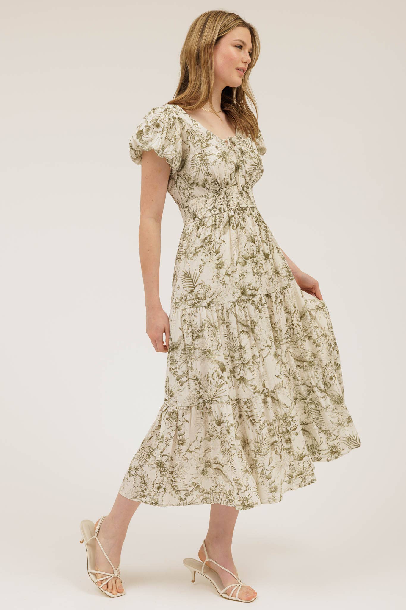 FLORAL PRINT FRONT TIE V NECK MIDI DRESS