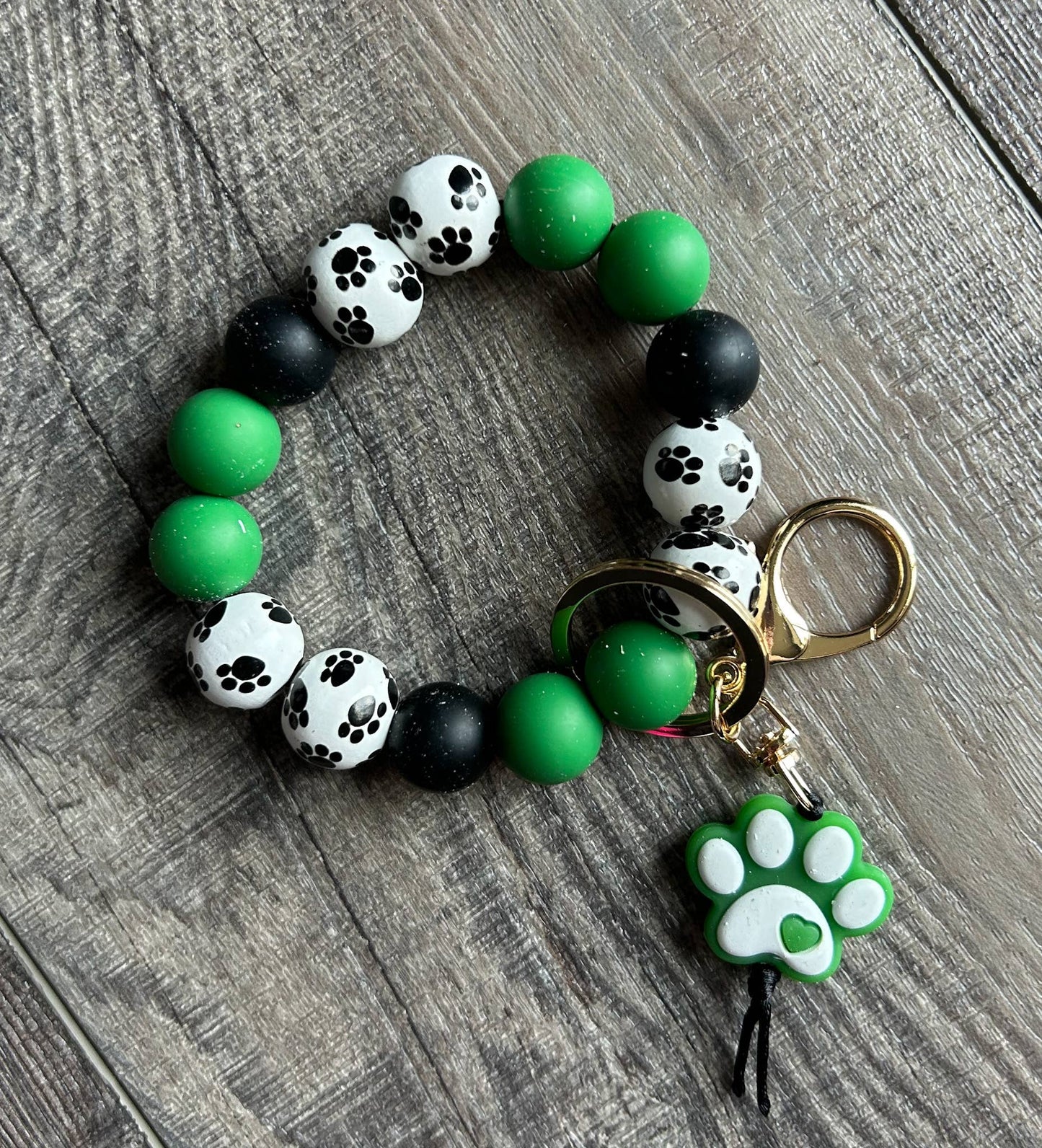 Paw Print Silicone and Wooden Bead Wristlet Keychain