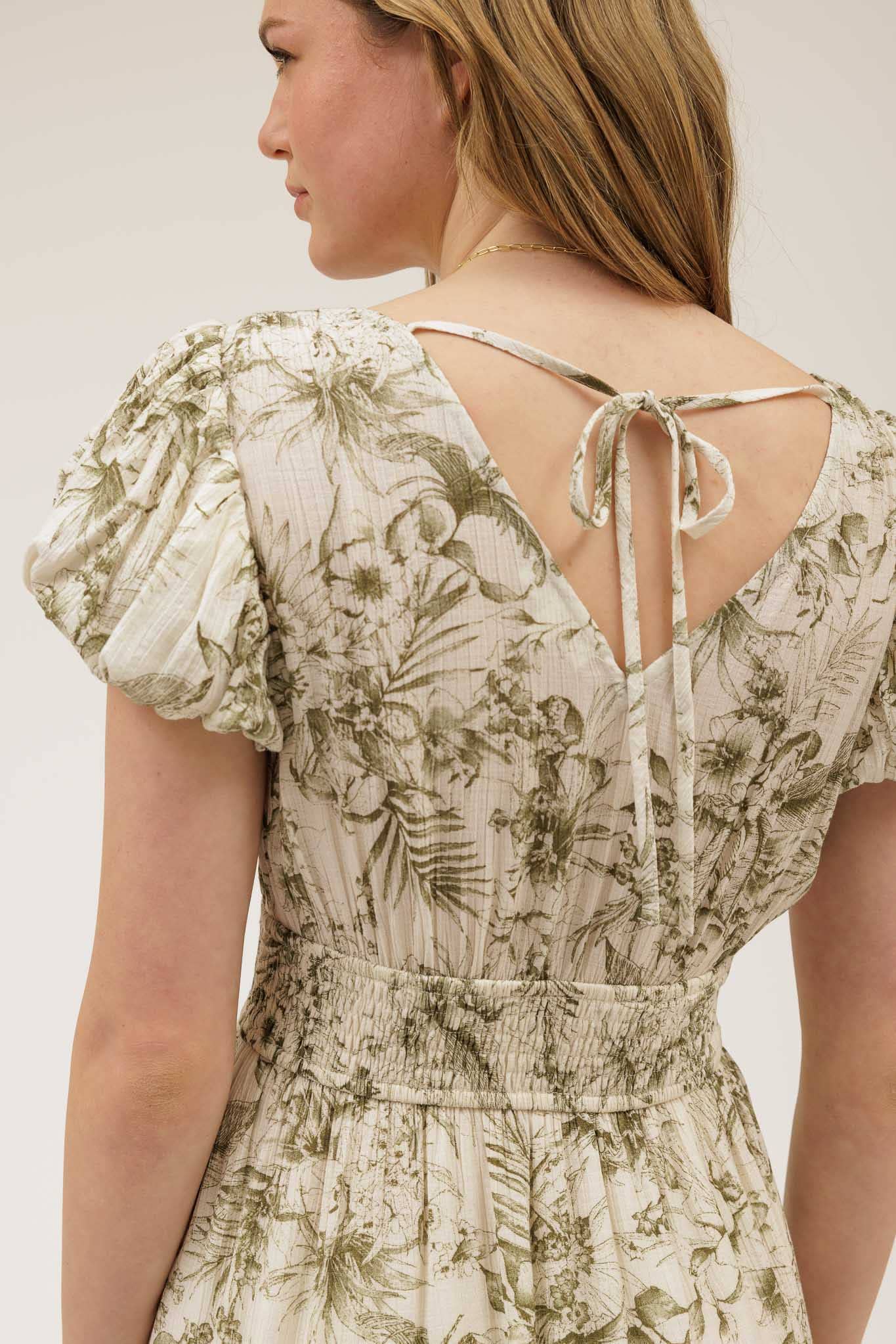 FLORAL PRINT FRONT TIE V NECK MIDI DRESS