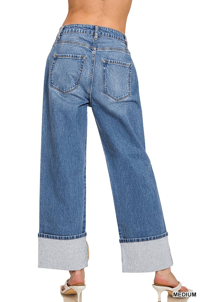 High Rise Cuffed Wide Leg Denim Pants by Zenena