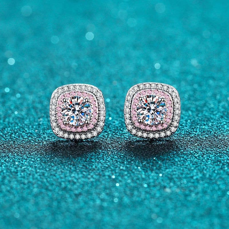 Pink White Double Halo Moissanite Stud Earrings in Sterling Silver