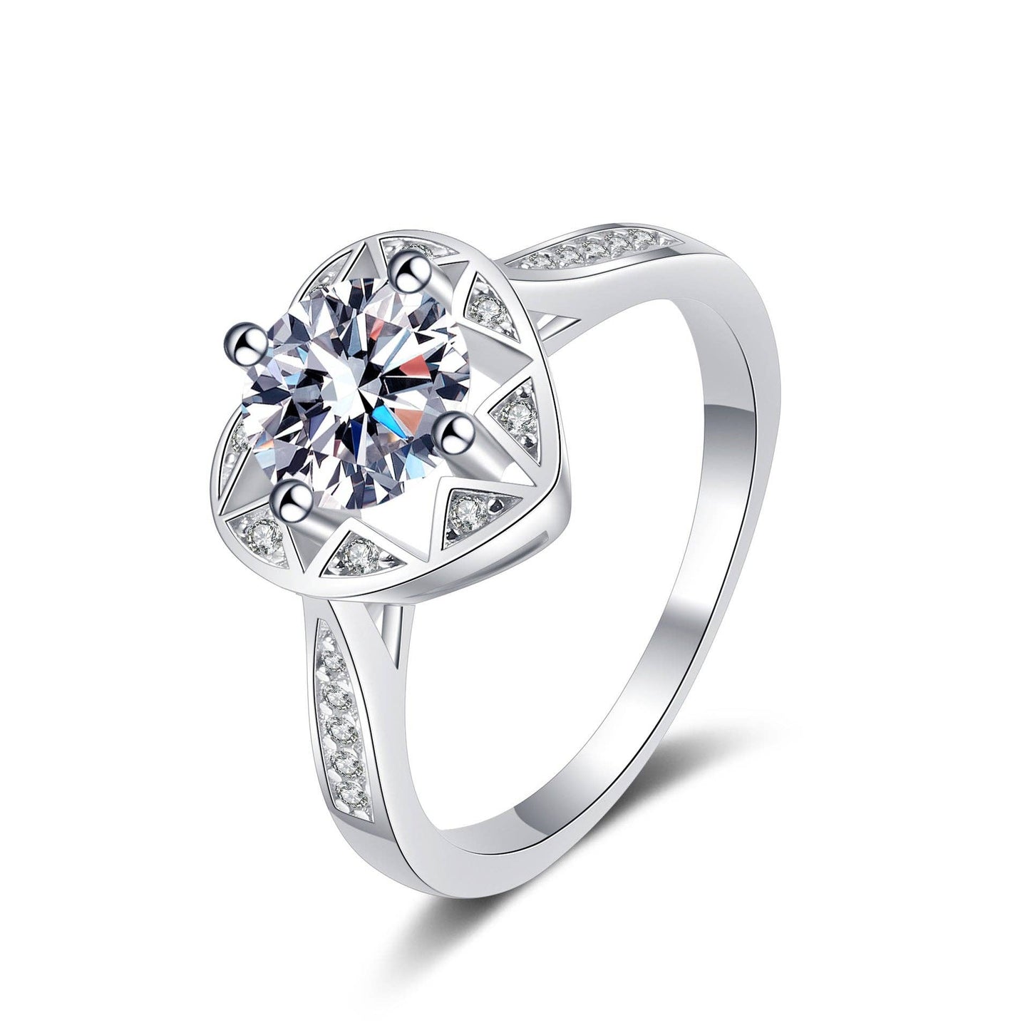 Moissanite Heart Engagement Ring in 925 Sterling Silver