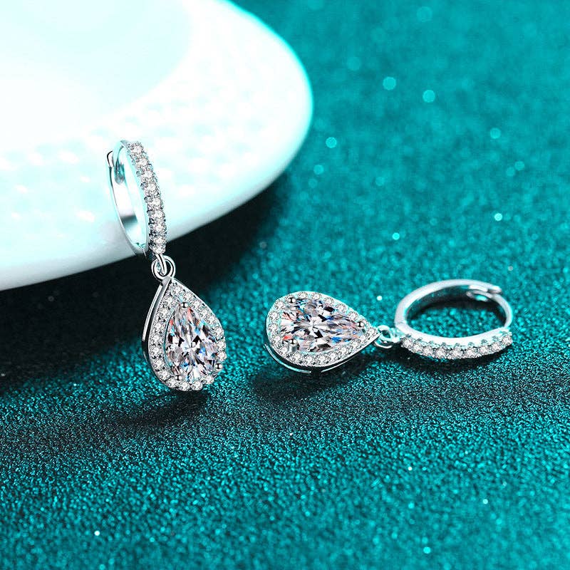 Teardrop Pear Moissanite Dangle Halo Earrings in 925 Sterling Silver