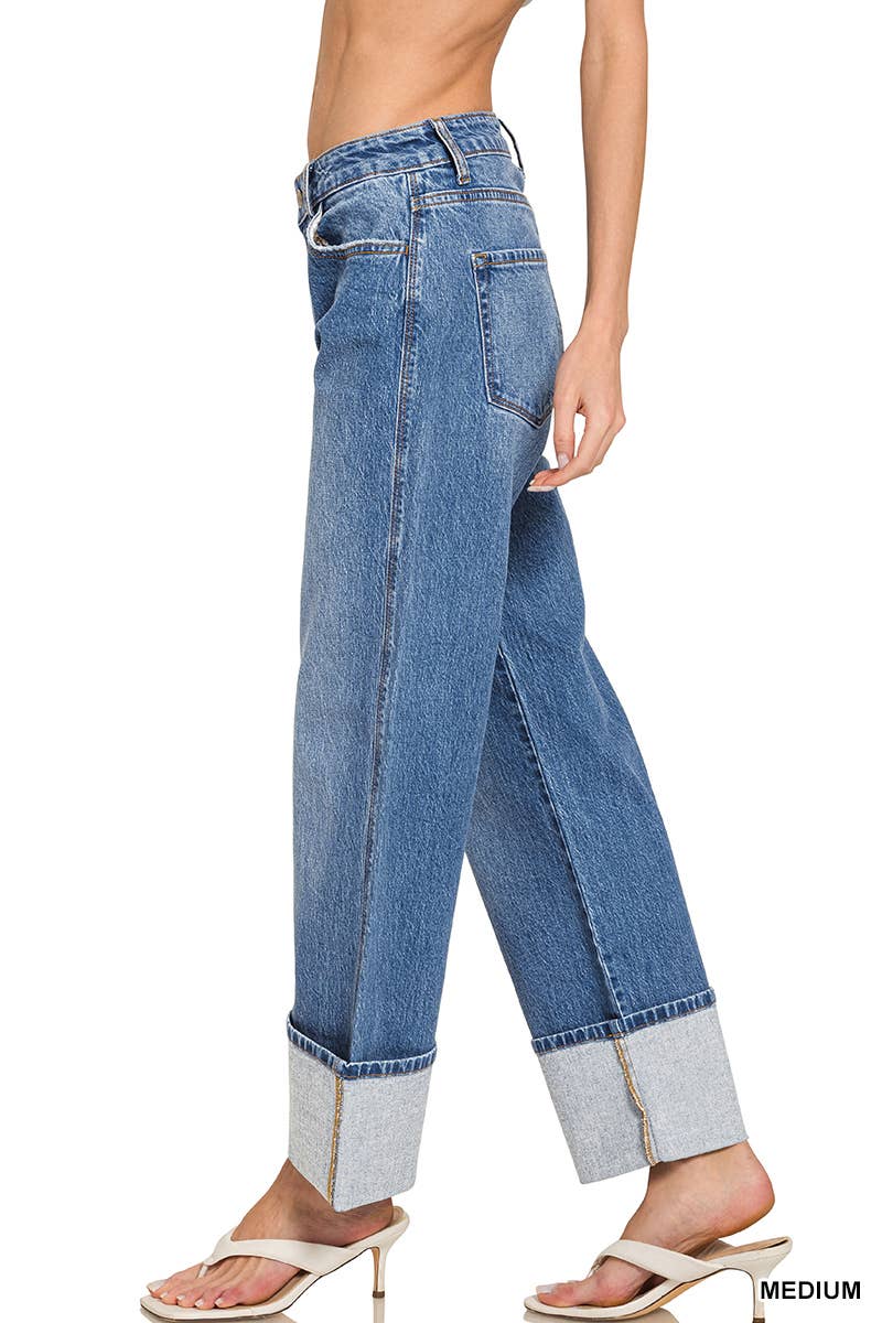 High Rise Cuffed Wide Leg Denim Pants by Zenena