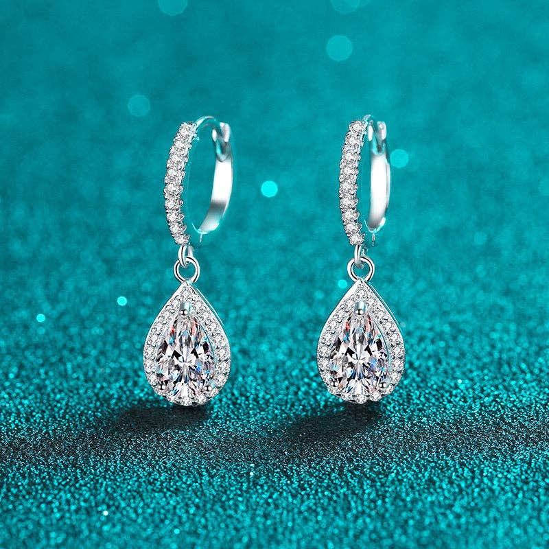 Teardrop Pear Moissanite Dangle Halo Earrings in 925 Sterling Silver