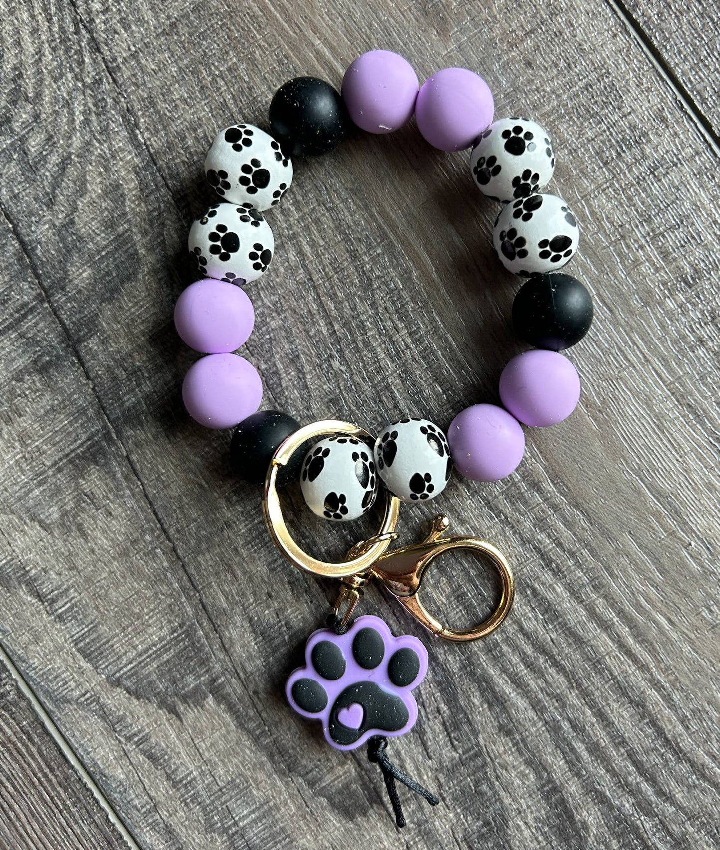 Paw Print Silicone and Wooden Bead Wristlet Keychain