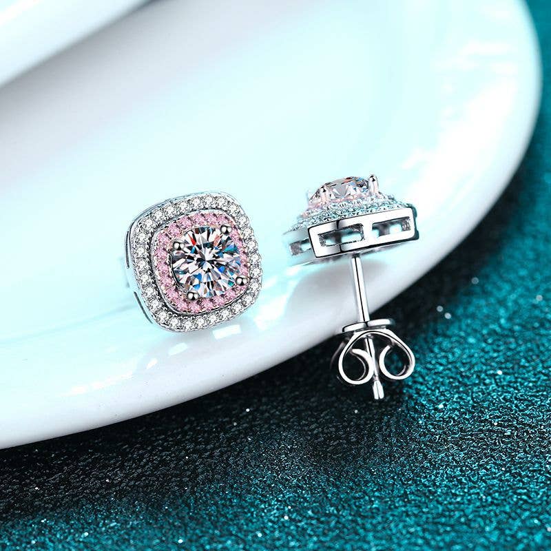 Pink White Double Halo Moissanite Stud Earrings in Sterling Silver