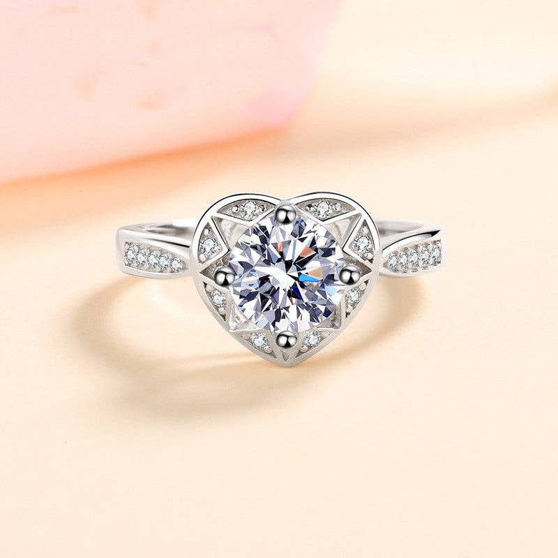 Moissanite Heart Engagement Ring in 925 Sterling Silver