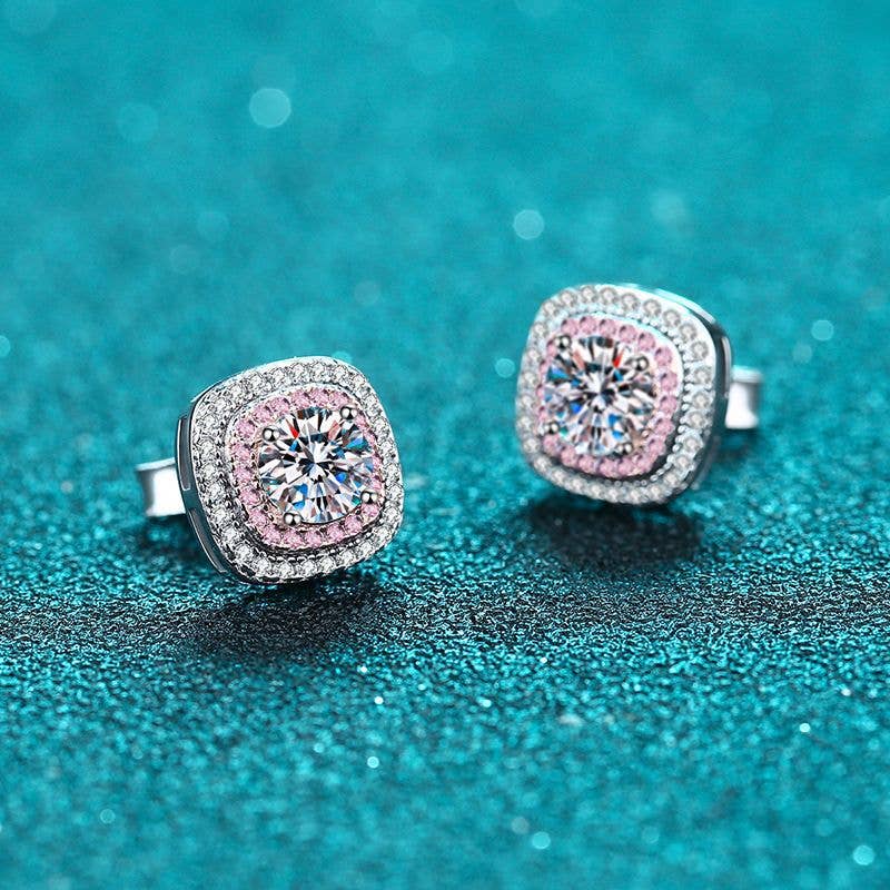 Pink White Double Halo Moissanite Stud Earrings in Sterling Silver
