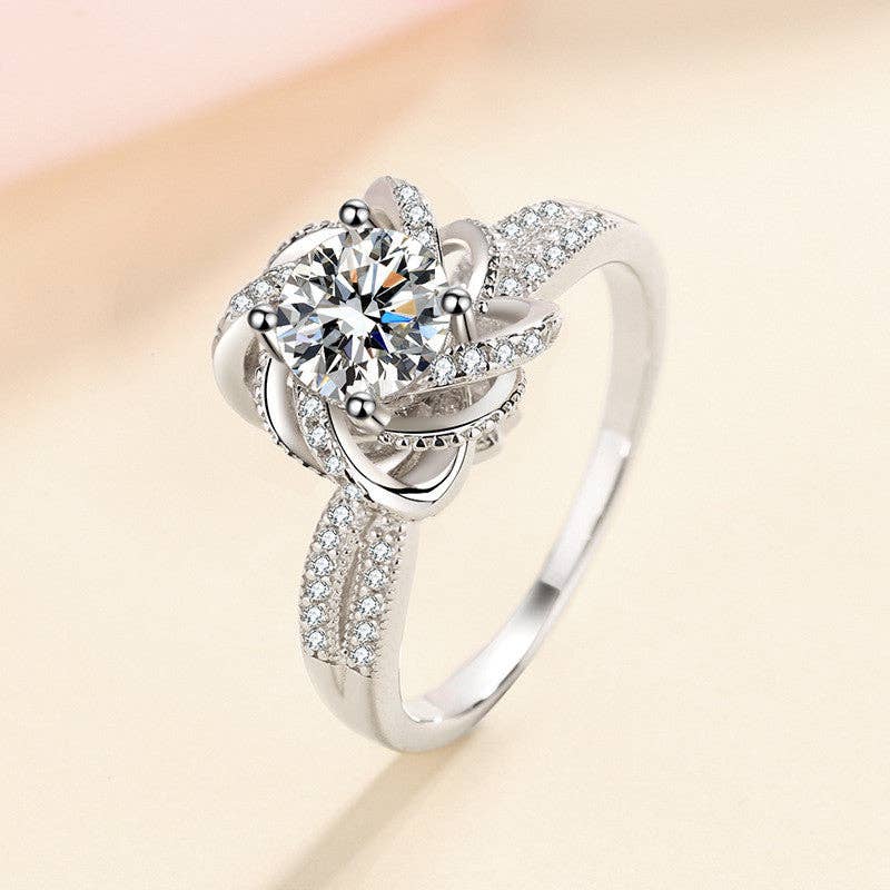 Moissanite Flower Engagement Ring in 925 Sterling Silver