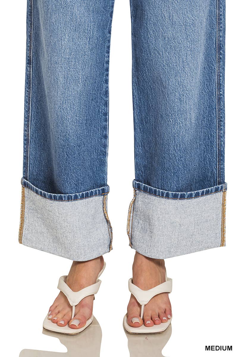 High Rise Cuffed Wide Leg Denim Pants by Zenena