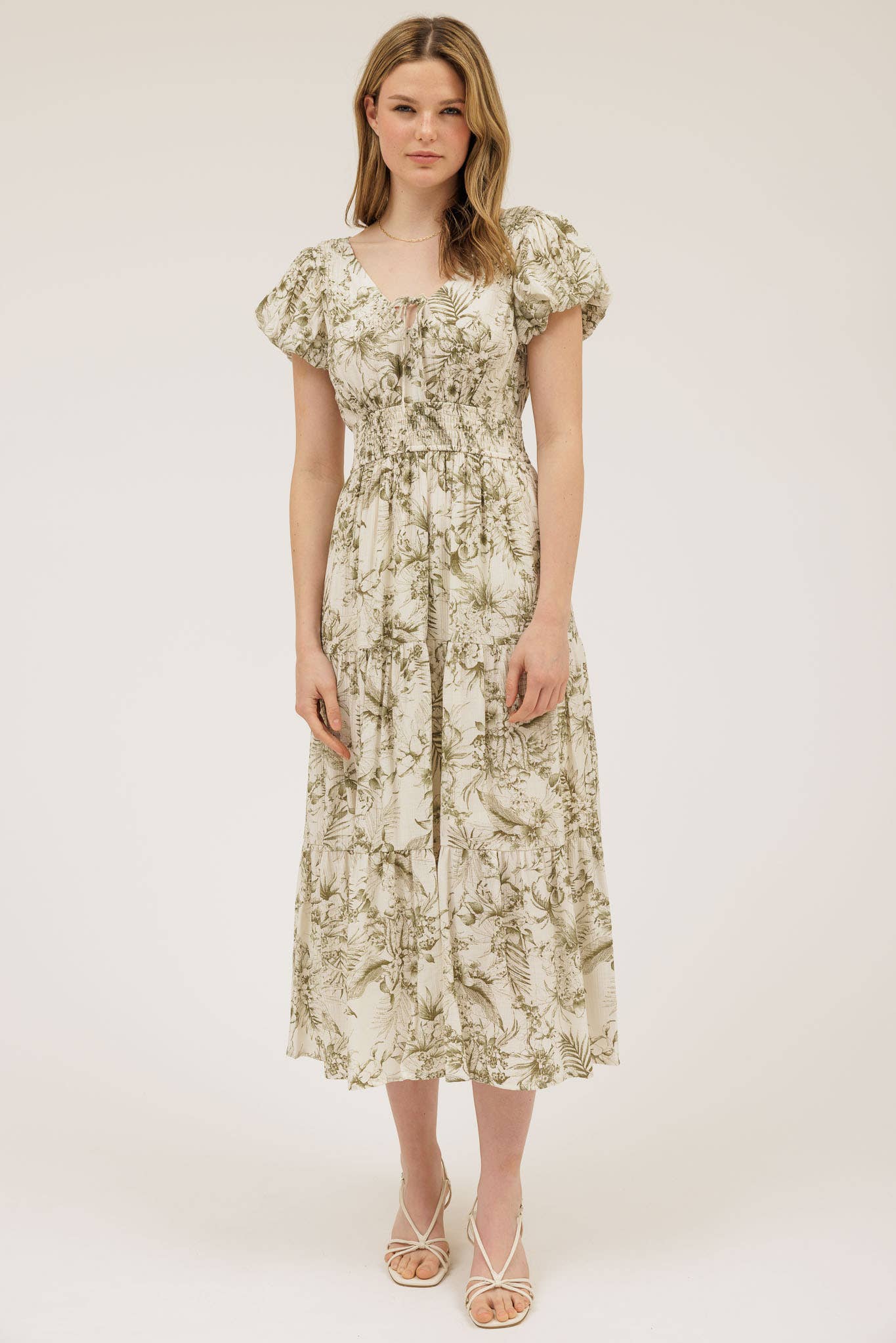 FLORAL PRINT FRONT TIE V NECK MIDI DRESS