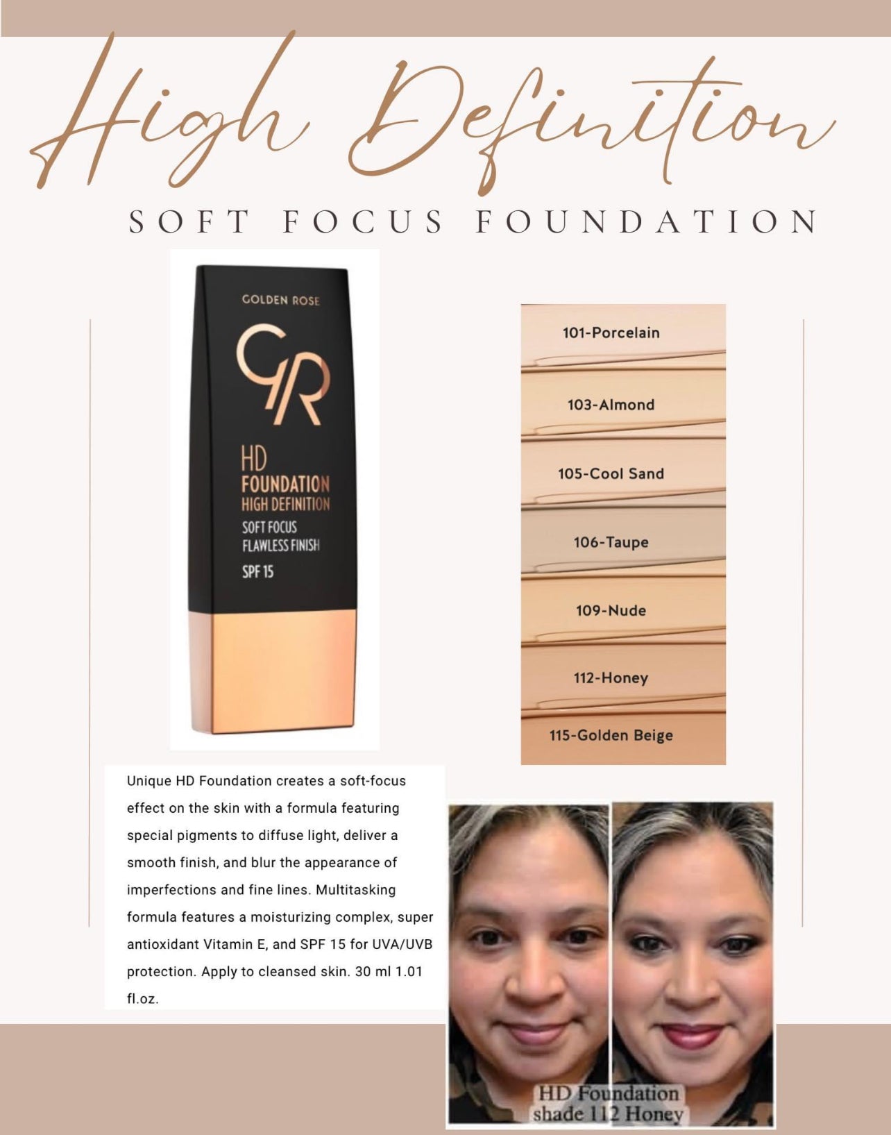 Golden Rose HD Foundation – High Definition Soft Focus Finish with SPF 15 | QB Customs