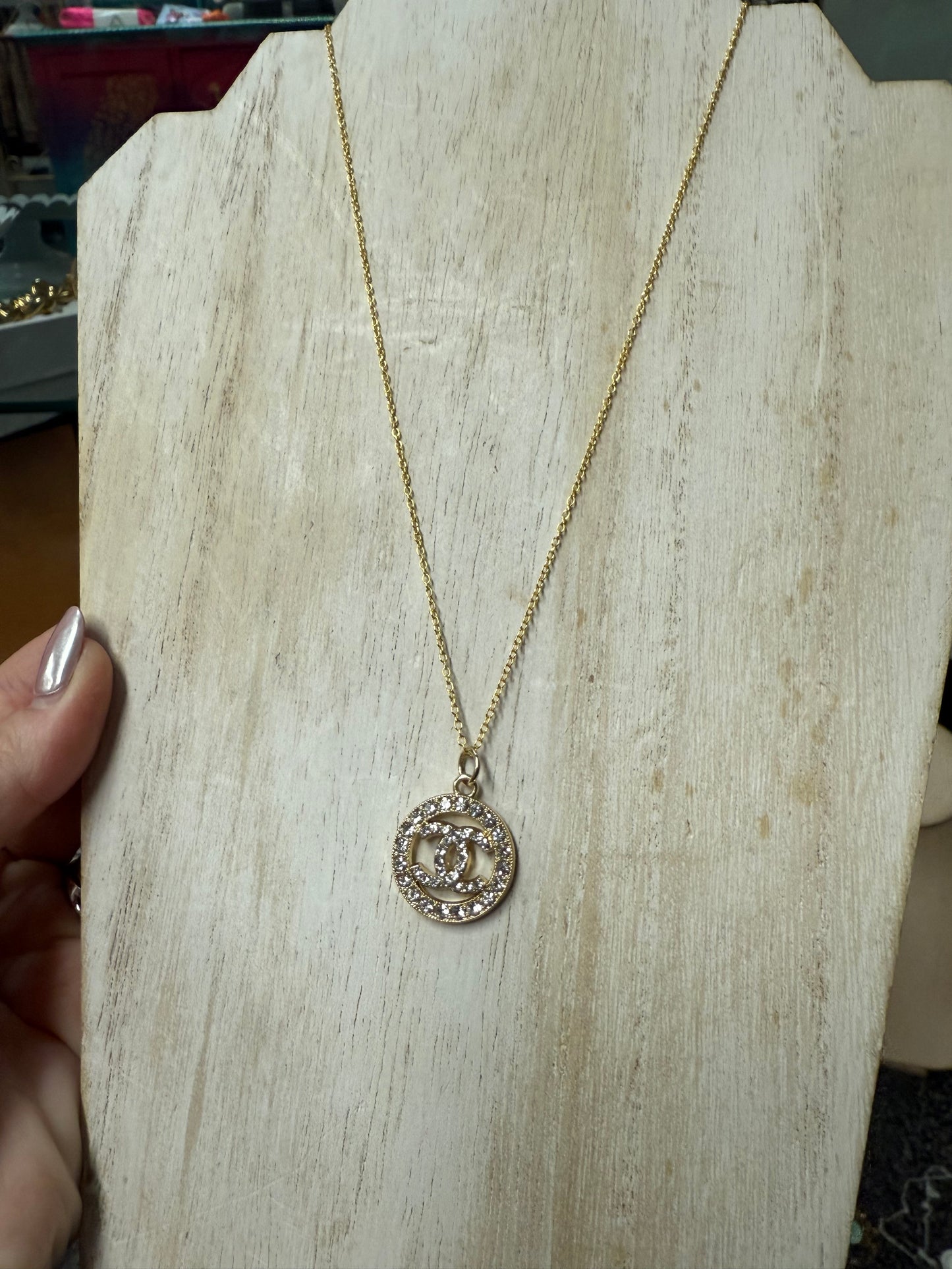 Gold Tone Crystal Circle Pendant Necklace