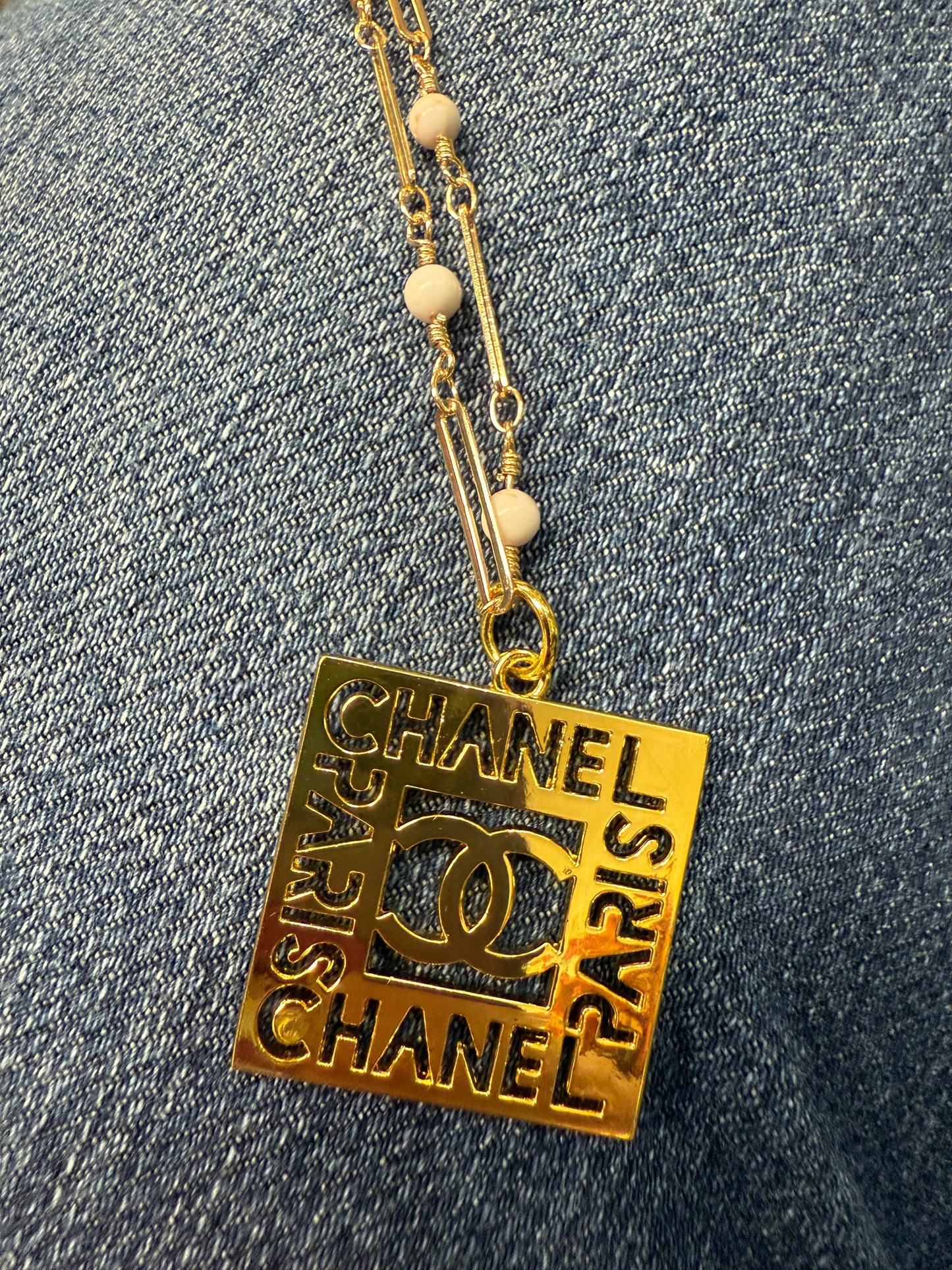 Gold Tone Square Pendant Necklace with Pearl Accents