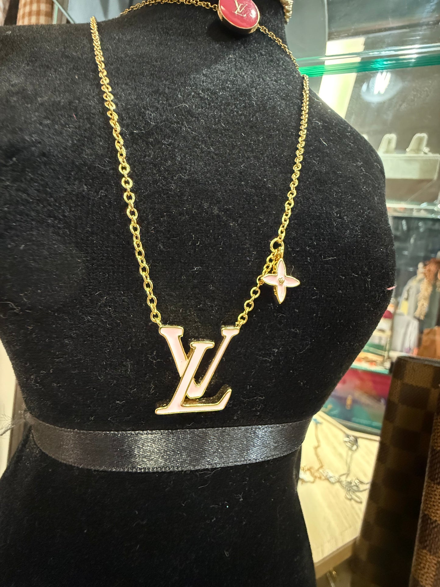 Pink Letter & Flower Charm Necklace β Gold Tone Chain