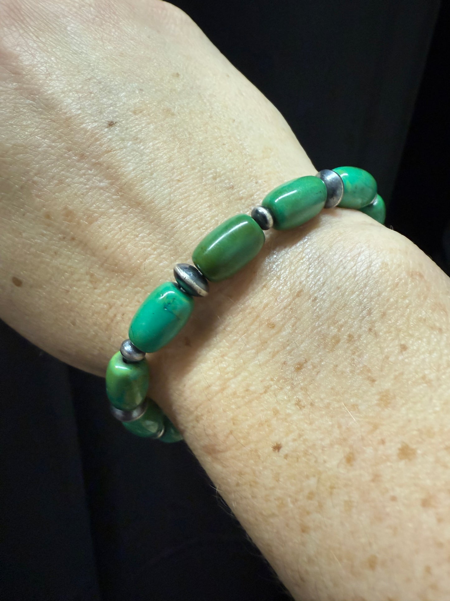 Green Turquoise Rondelle Sterling Pearl Stretch Bracelet