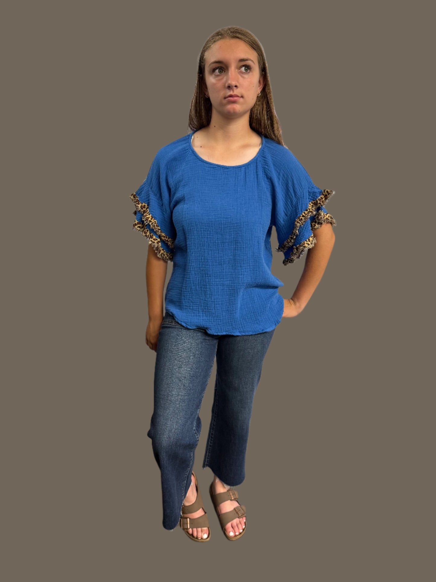 Linen Ruffle Leopard Sleeves Top