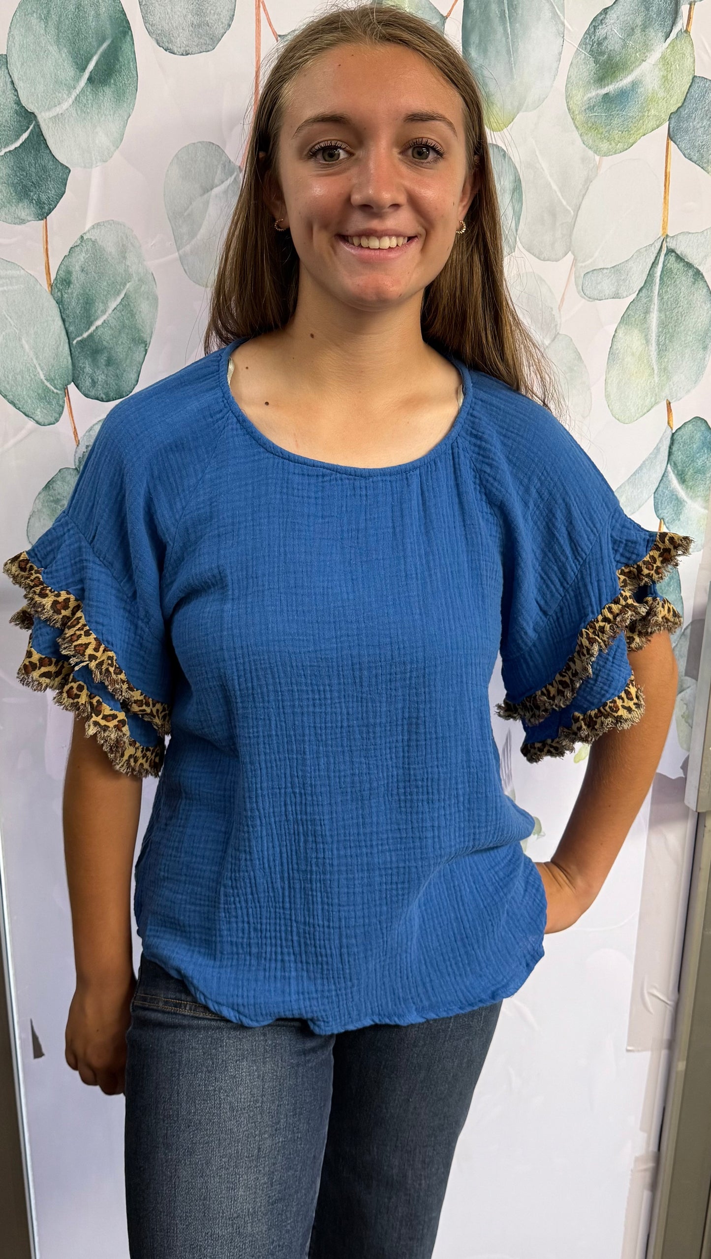 Linen Ruffle Leopard Sleeves Top
