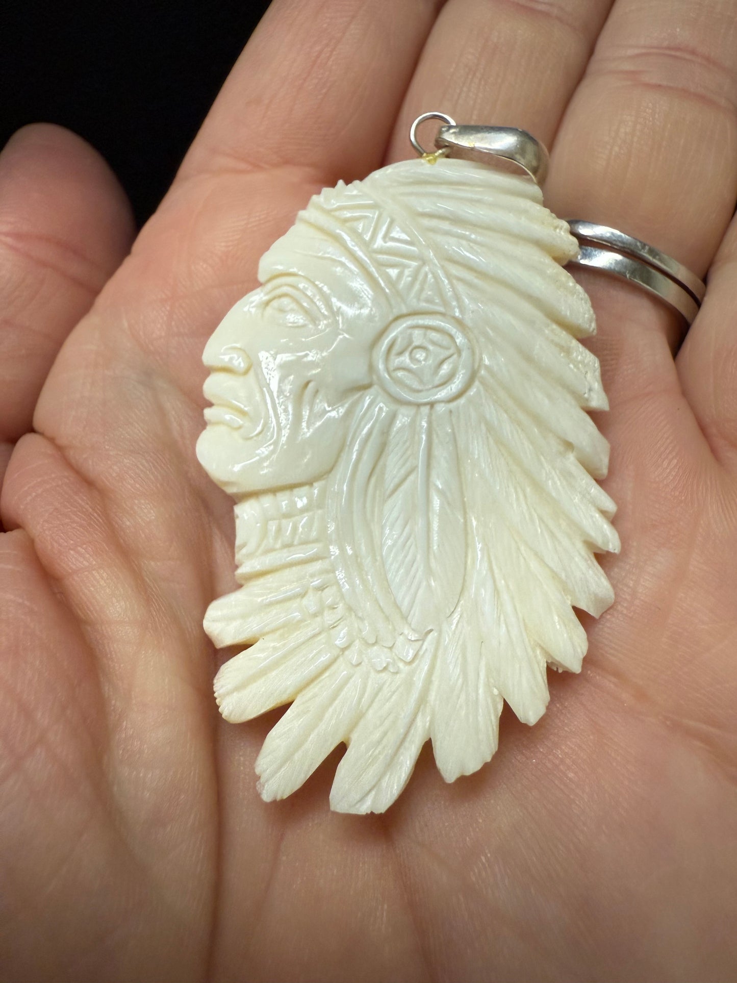 Native American Chief Headdress Carved Pendant