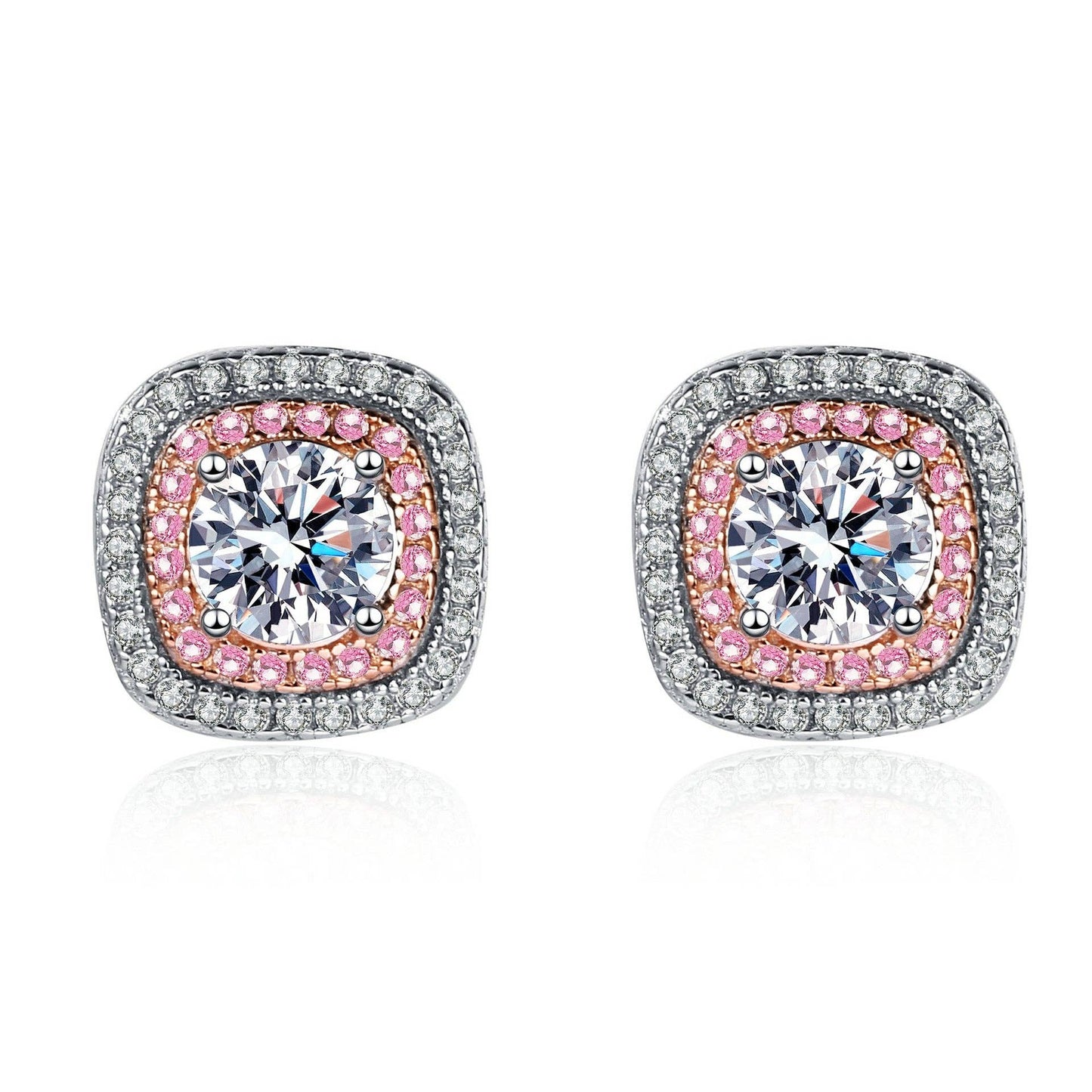 Pink White Double Halo Moissanite Stud Earrings in Sterling Silver