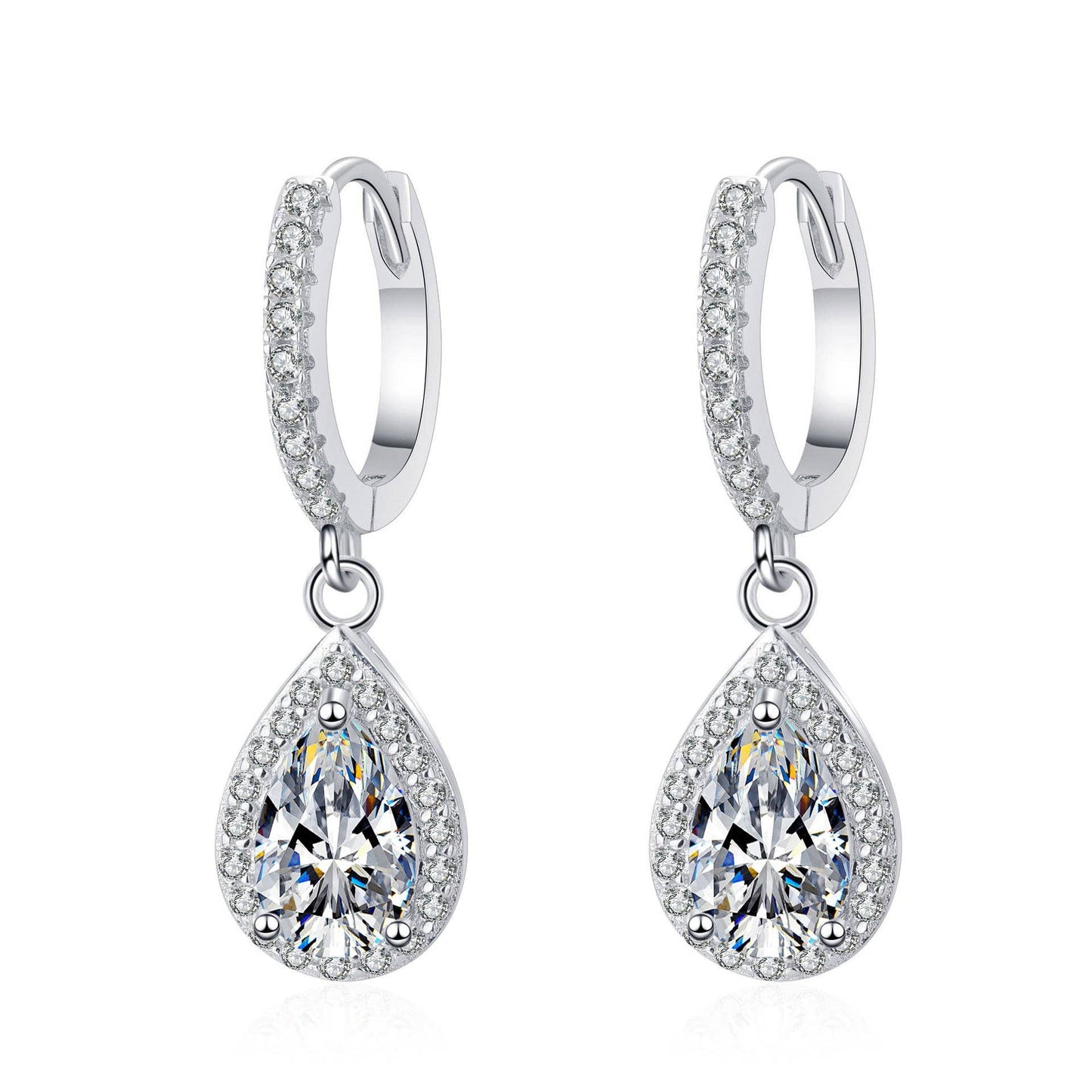Teardrop Pear Moissanite Dangle Halo Earrings in 925 Sterling Silver
