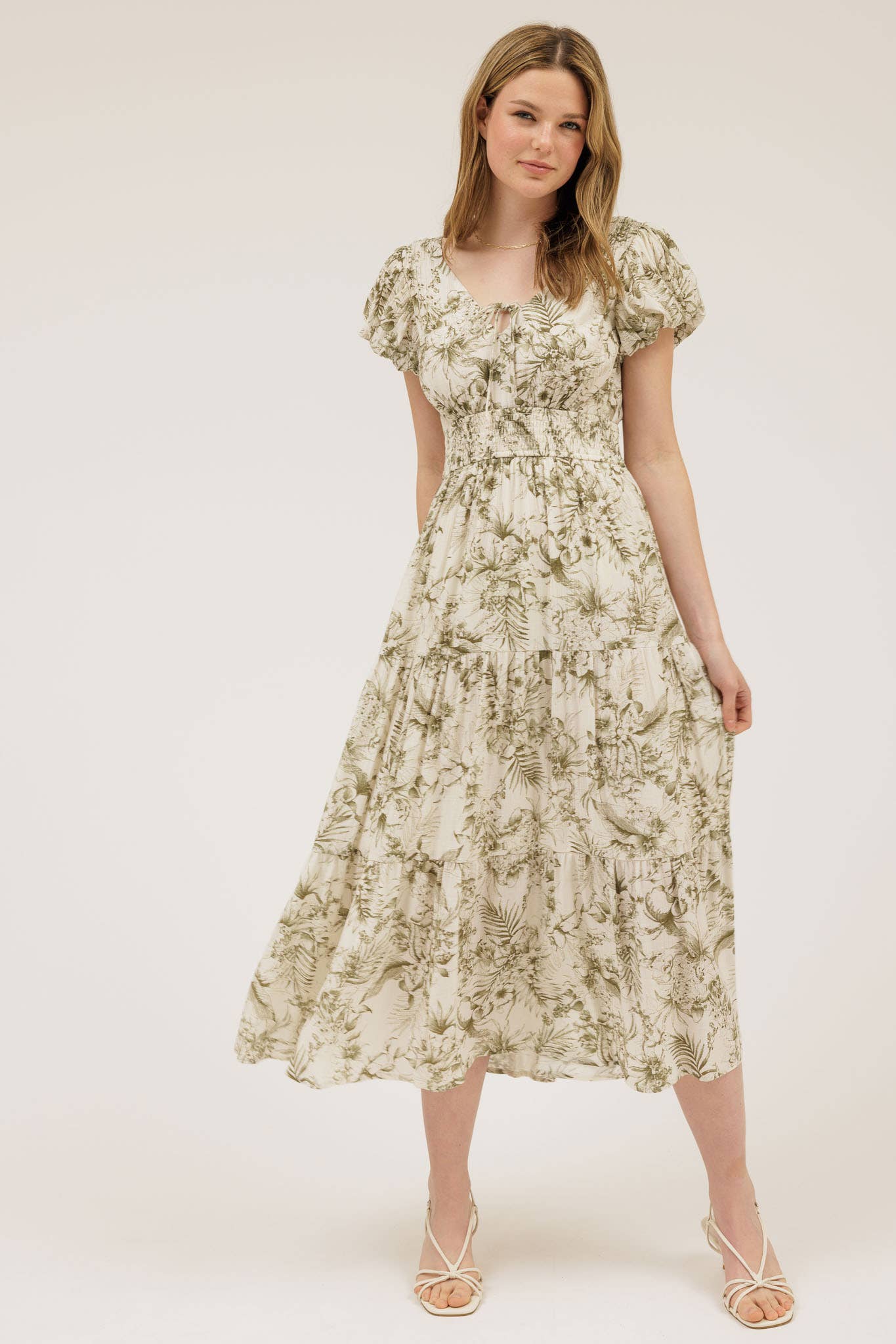 FLORAL PRINT FRONT TIE V NECK MIDI DRESS