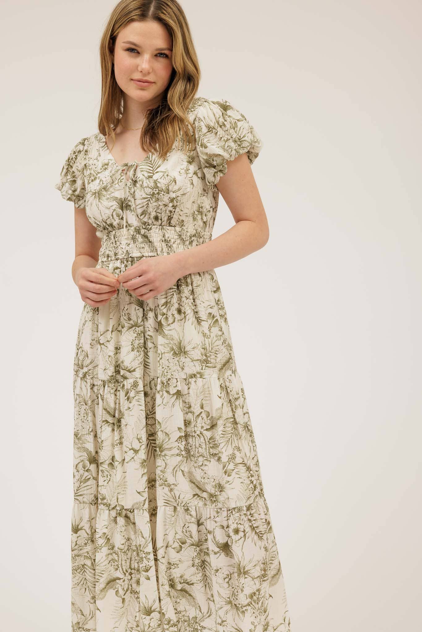 FLORAL PRINT FRONT TIE V NECK MIDI DRESS