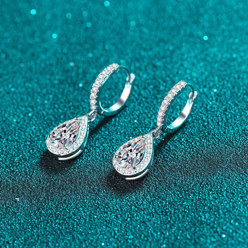 Teardrop Pear Moissanite Dangle Halo Earrings in 925 Sterling Silver