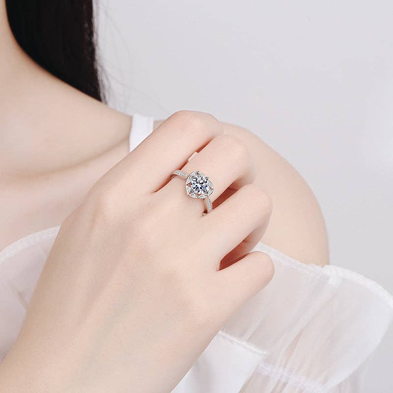 Moissanite Heart Engagement Ring in 925 Sterling Silver