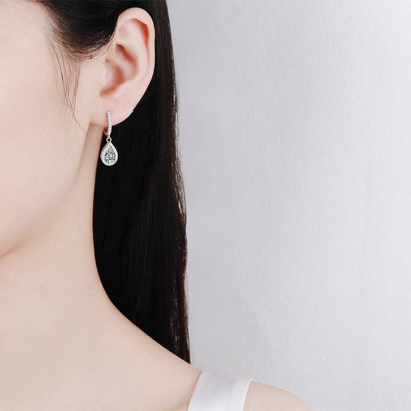 Teardrop Pear Moissanite Dangle Halo Earrings in 925 Sterling Silver