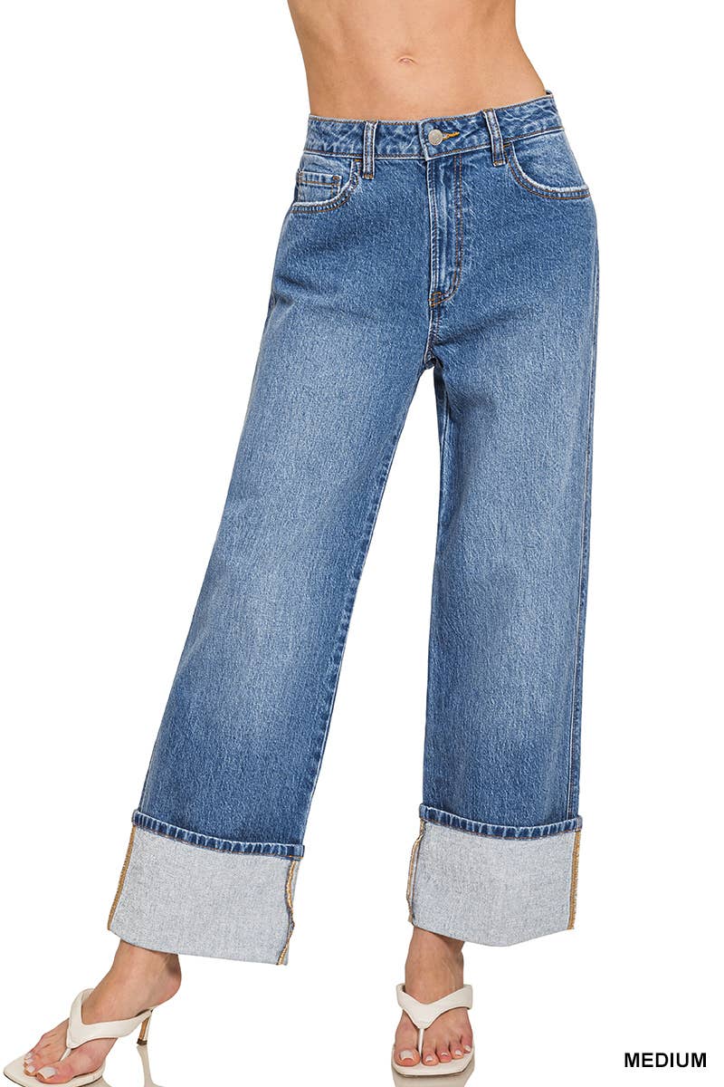 High Rise Cuffed Wide Leg Denim Pants by Zenena