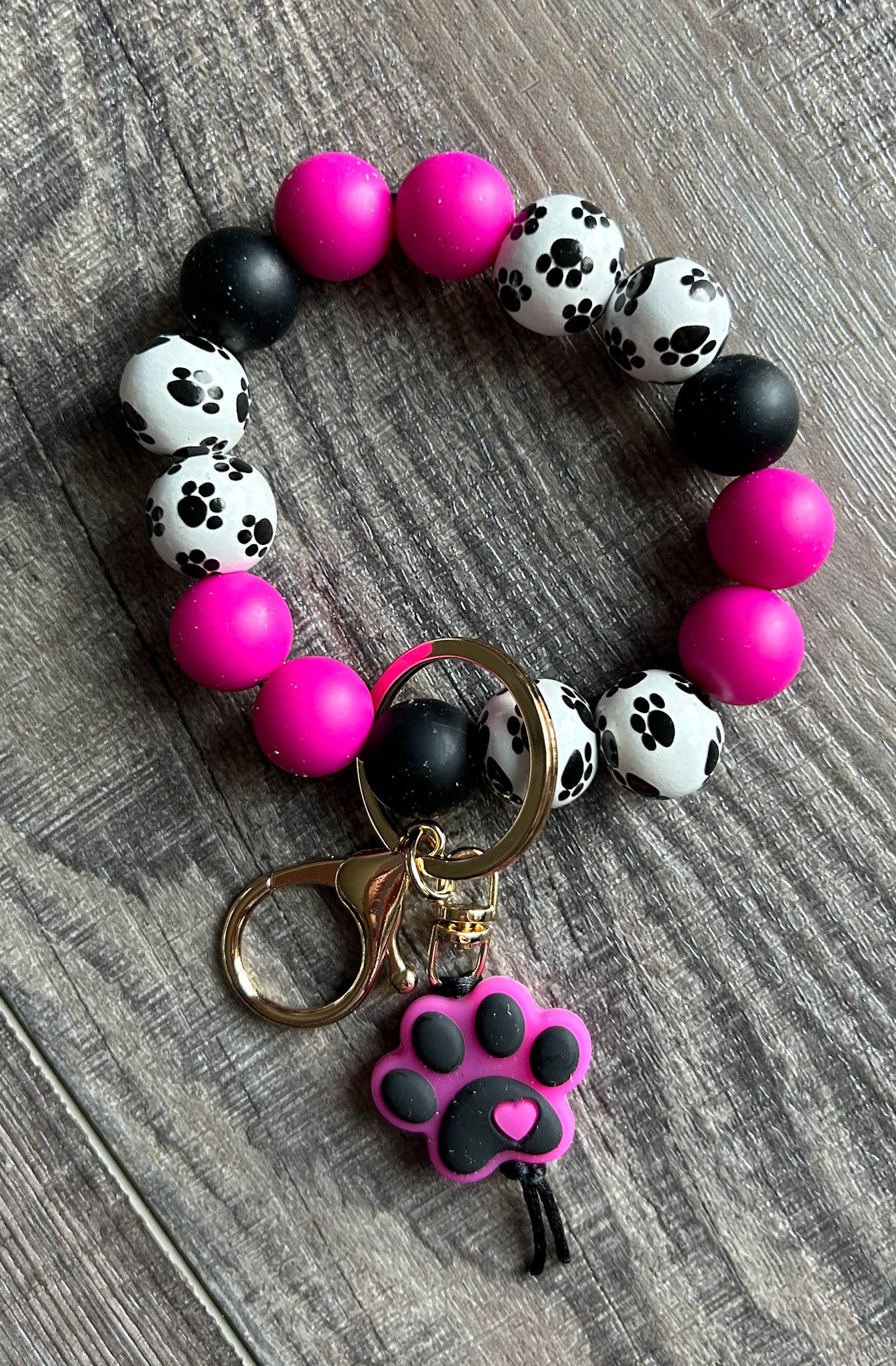 Paw Print Silicone and Wooden Bead Wristlet Keychain