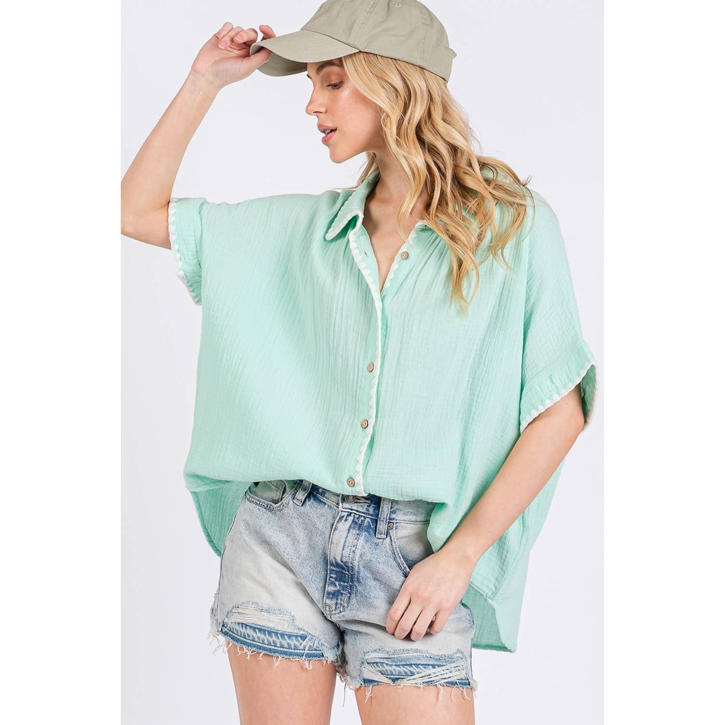BOHO CONTRAST ZIGZAG TRIM GAUZE BUTTON-UP SHIRT