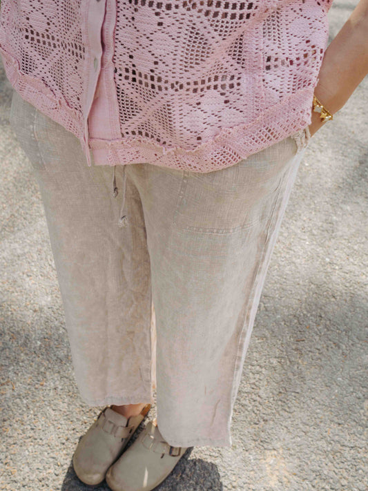 Neutral Washed Linen Pants Drawstring Boho Comfy Casual