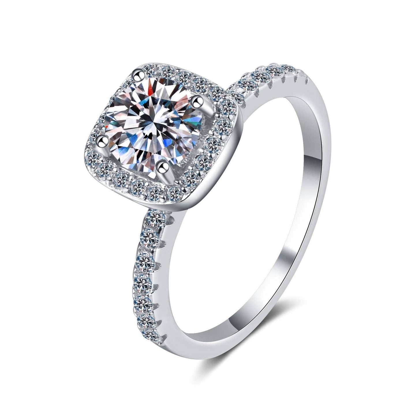 Four-Prong Round Cut Moissanite Square Halo Engagement Ring in 925 Sterling Silver