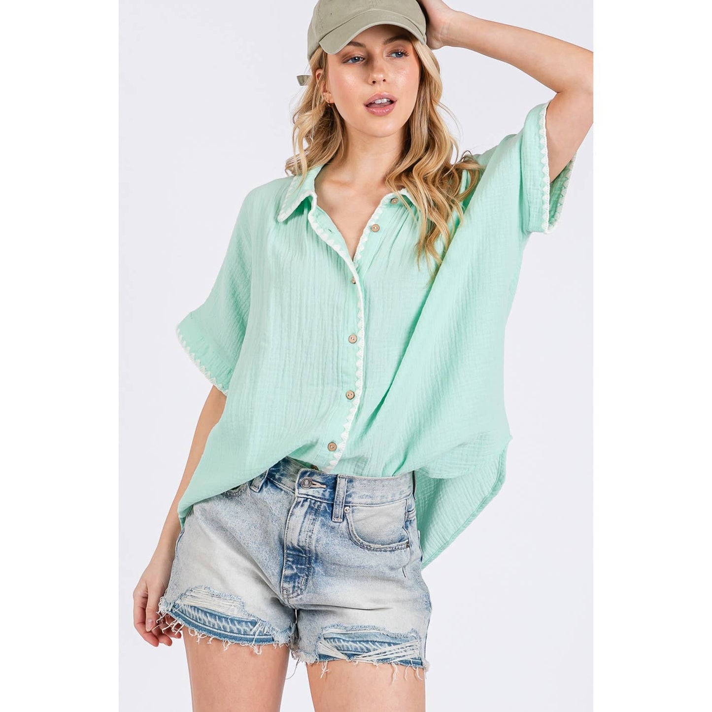 BOHO CONTRAST ZIGZAG TRIM GAUZE BUTTON-UP SHIRT