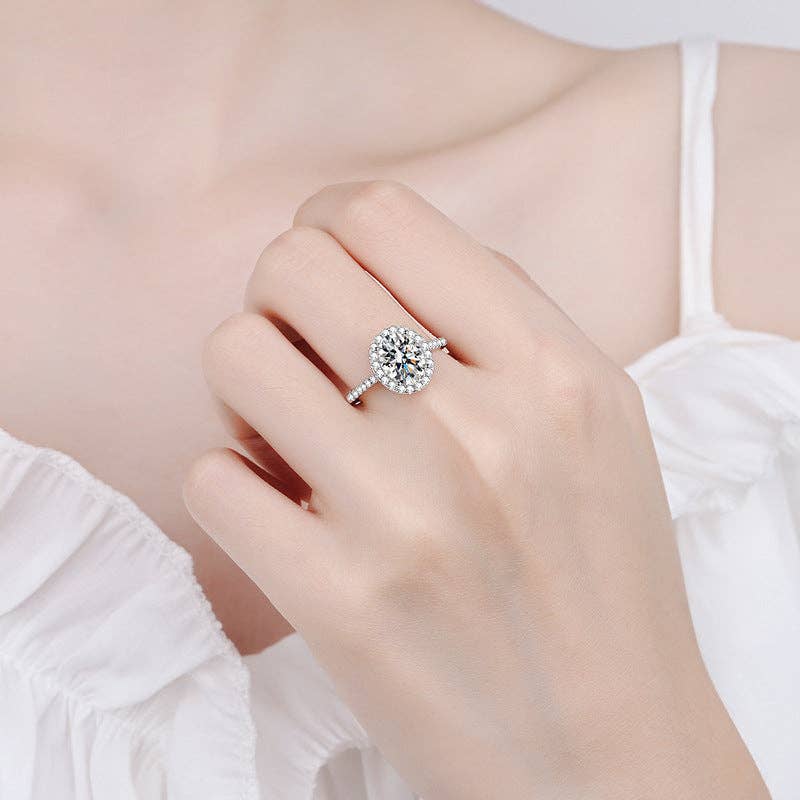 Oval Moissanite Halo Ring in 925 Sterling Silver
