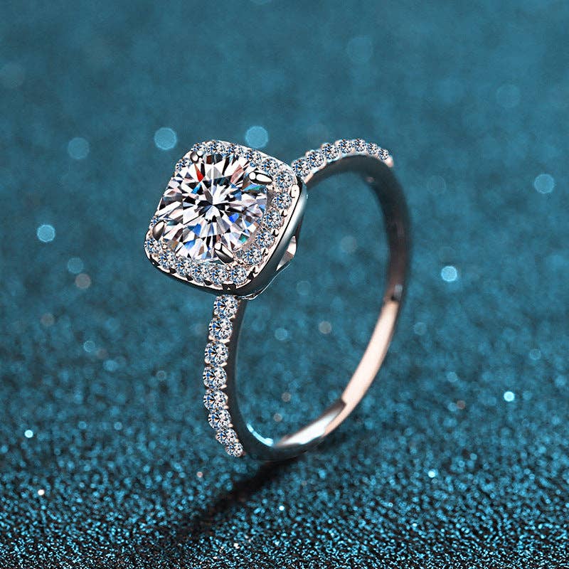 Four-Prong Round Cut Moissanite Square Halo Engagement Ring in 925 Sterling Silver