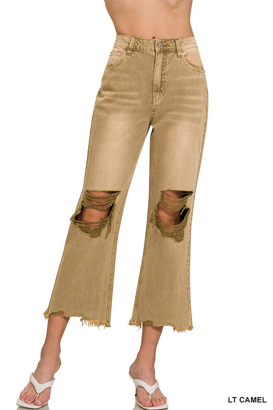 Camel Washed Distressed Knee And Hem Cropped Pants
