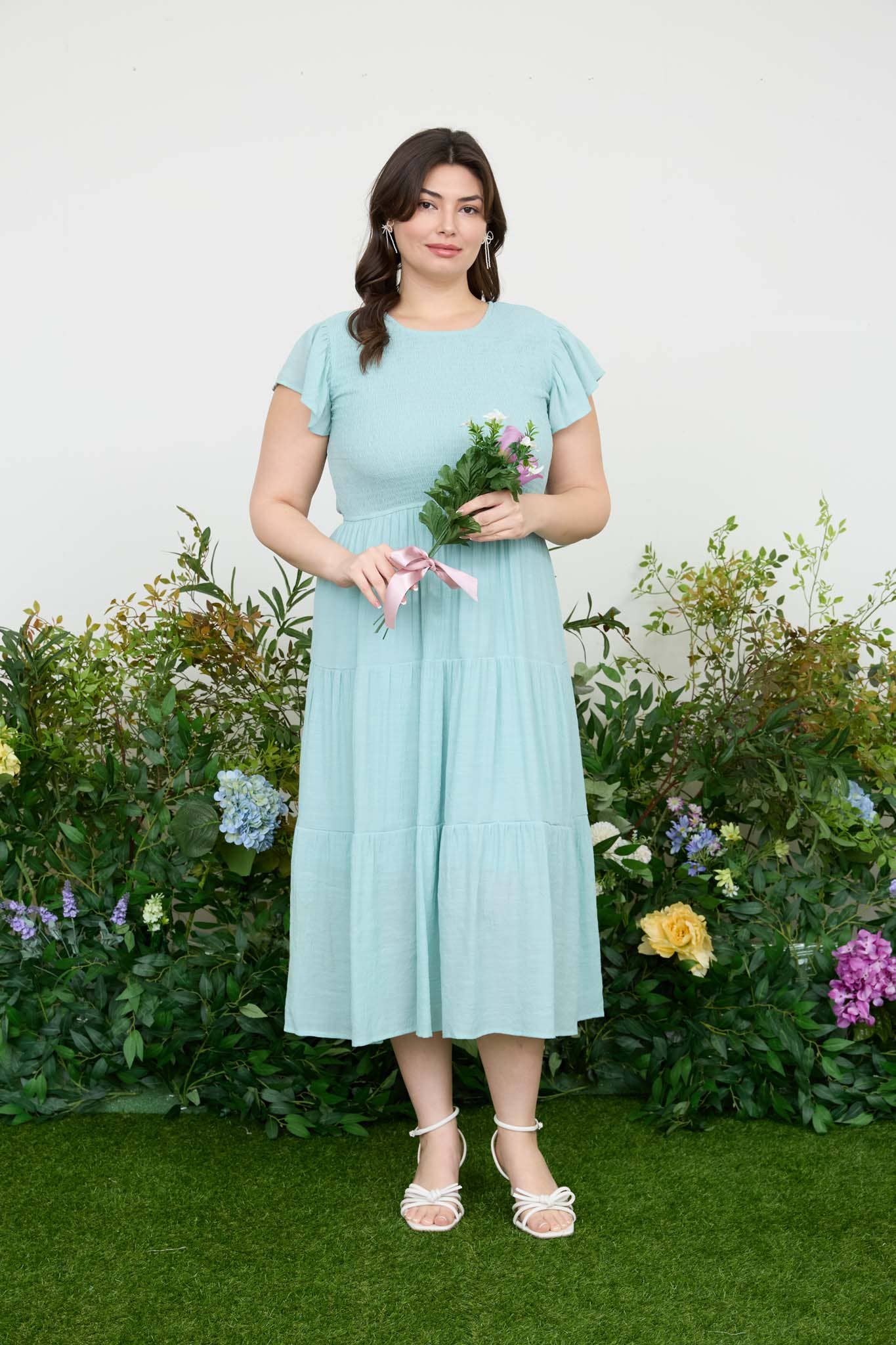 PLUS ETHEREAL SAGE SMOCKED TIERED MIDI DRESS