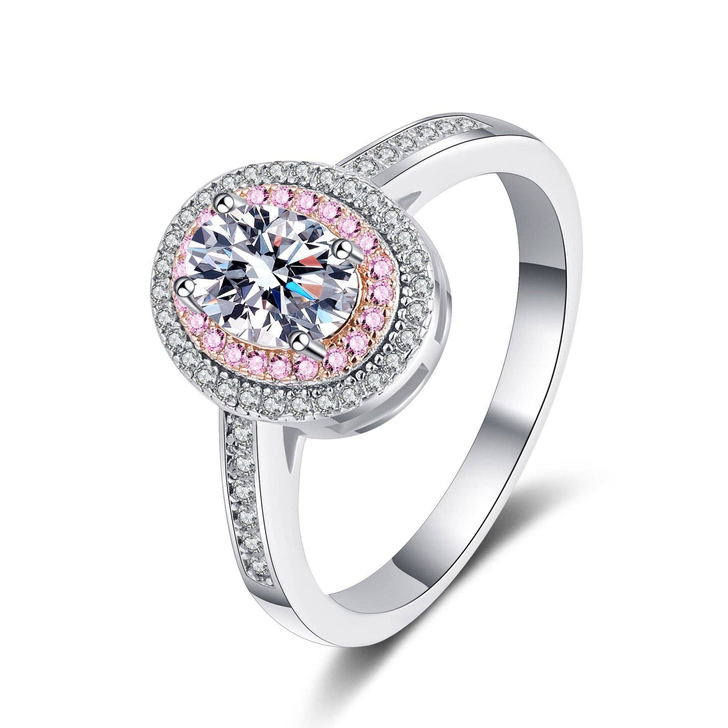 Oval Moissanite & Pink Halo Engagement Ring in 925 Sterling Silver