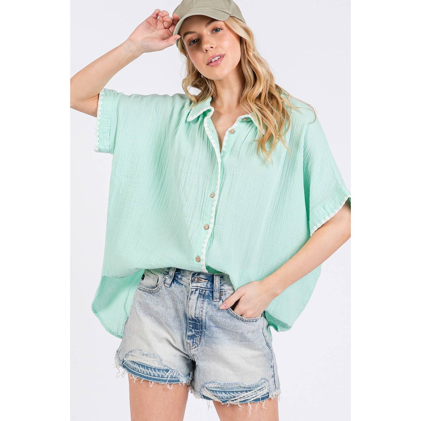 BOHO CONTRAST ZIGZAG TRIM GAUZE BUTTON-UP SHIRT